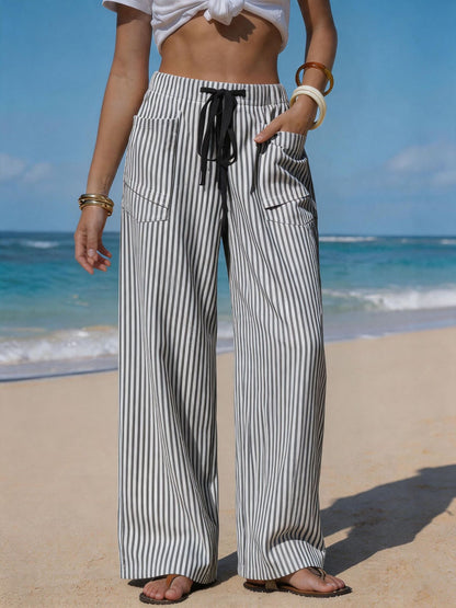 Women's Striped Linen Wide Leg Pants Drawstring Beach