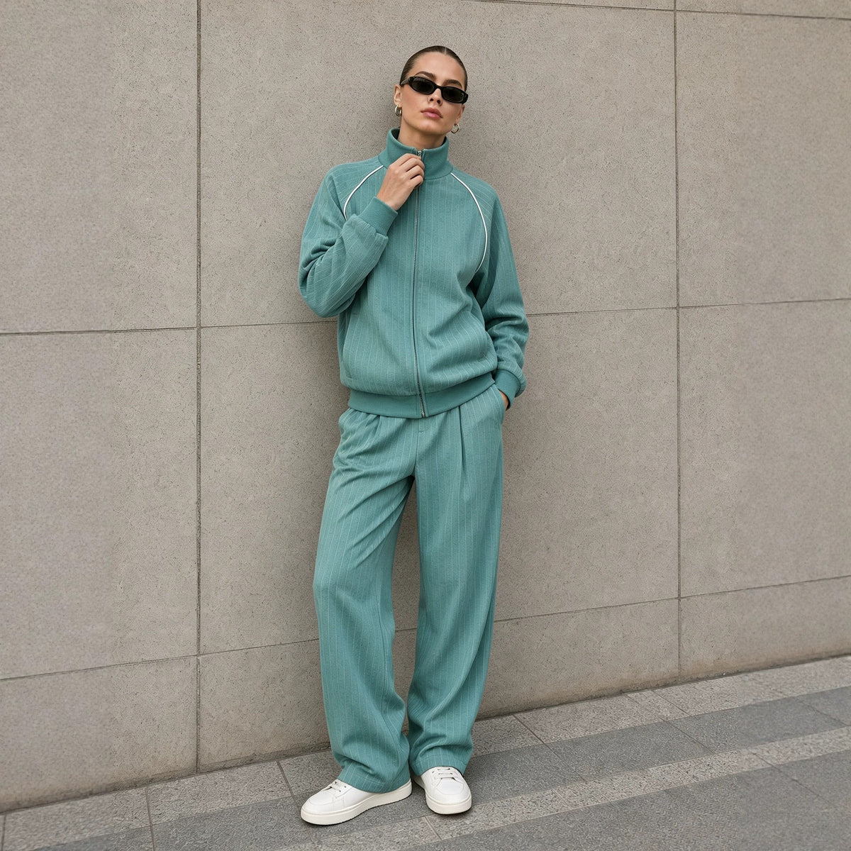 Women's Striped Zip Up Jacket Wide Leg Pants 2 Piece Set