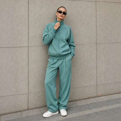 Women's Striped Zip Up Jacket Wide Leg Pants 2 Piece Set
