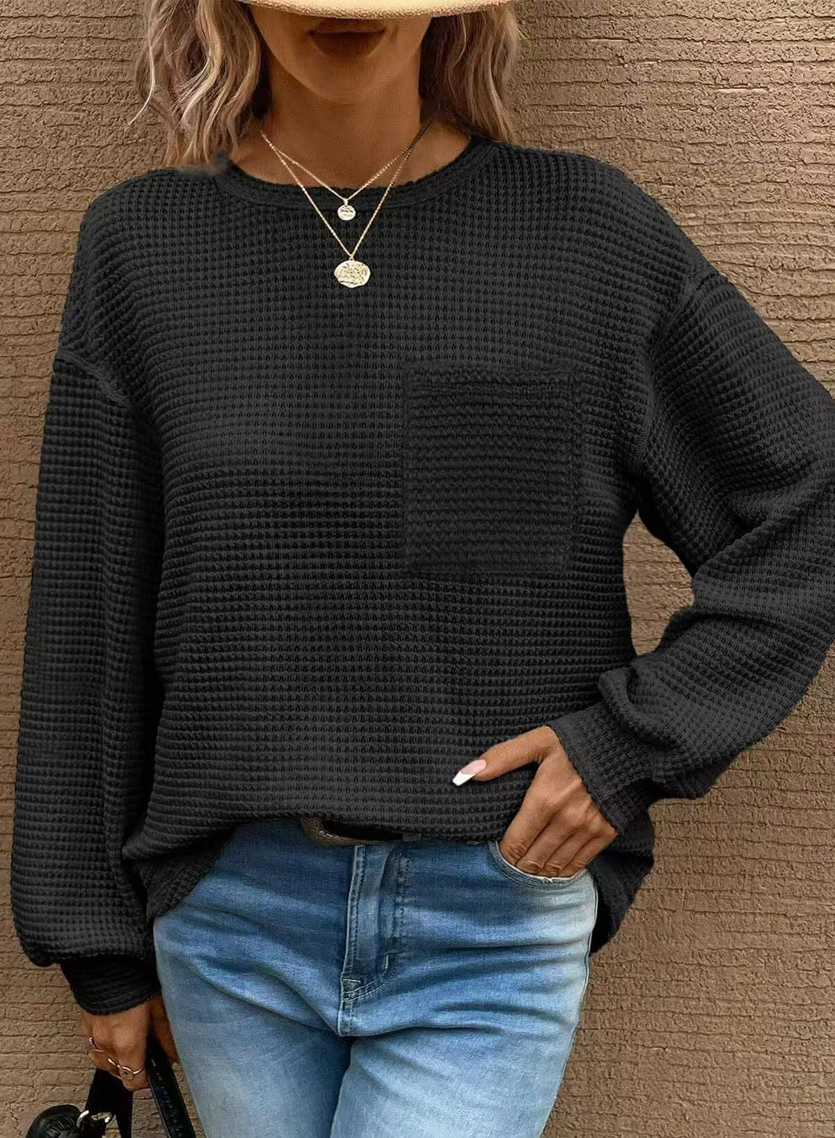 Women's Oversized Waffle Knit Crew Neck Pocket Top