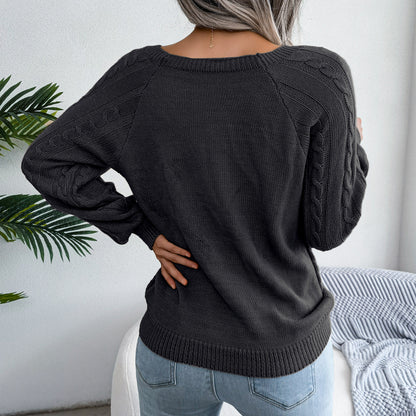 2025 Fall Winter Casual Square Neck Button Detail Cable Knit Sweater