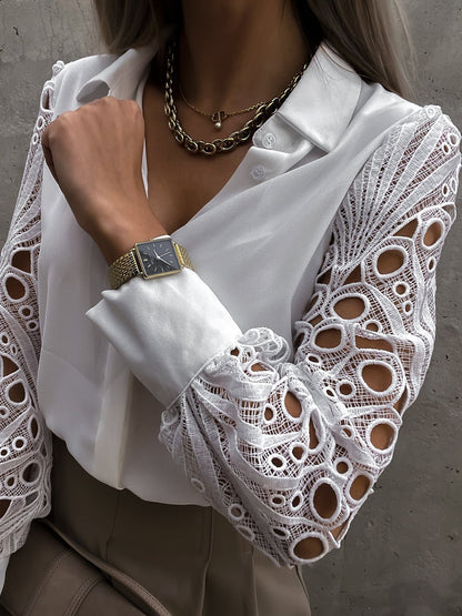 Women's Crochet Lace Sleeve Button Down Blouse