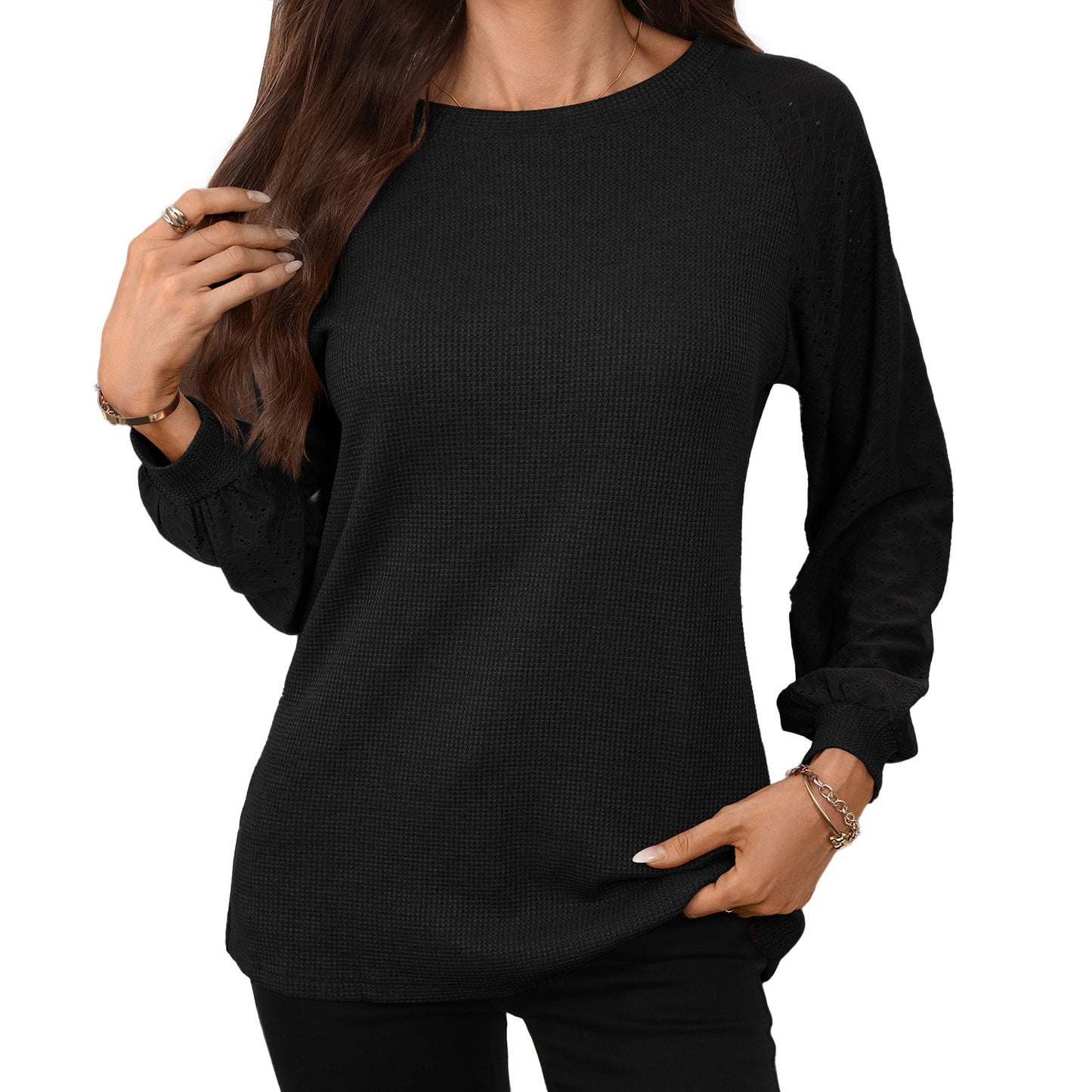 Solid Waffle Knit Top Lace Sleeve Crewneck Tee
