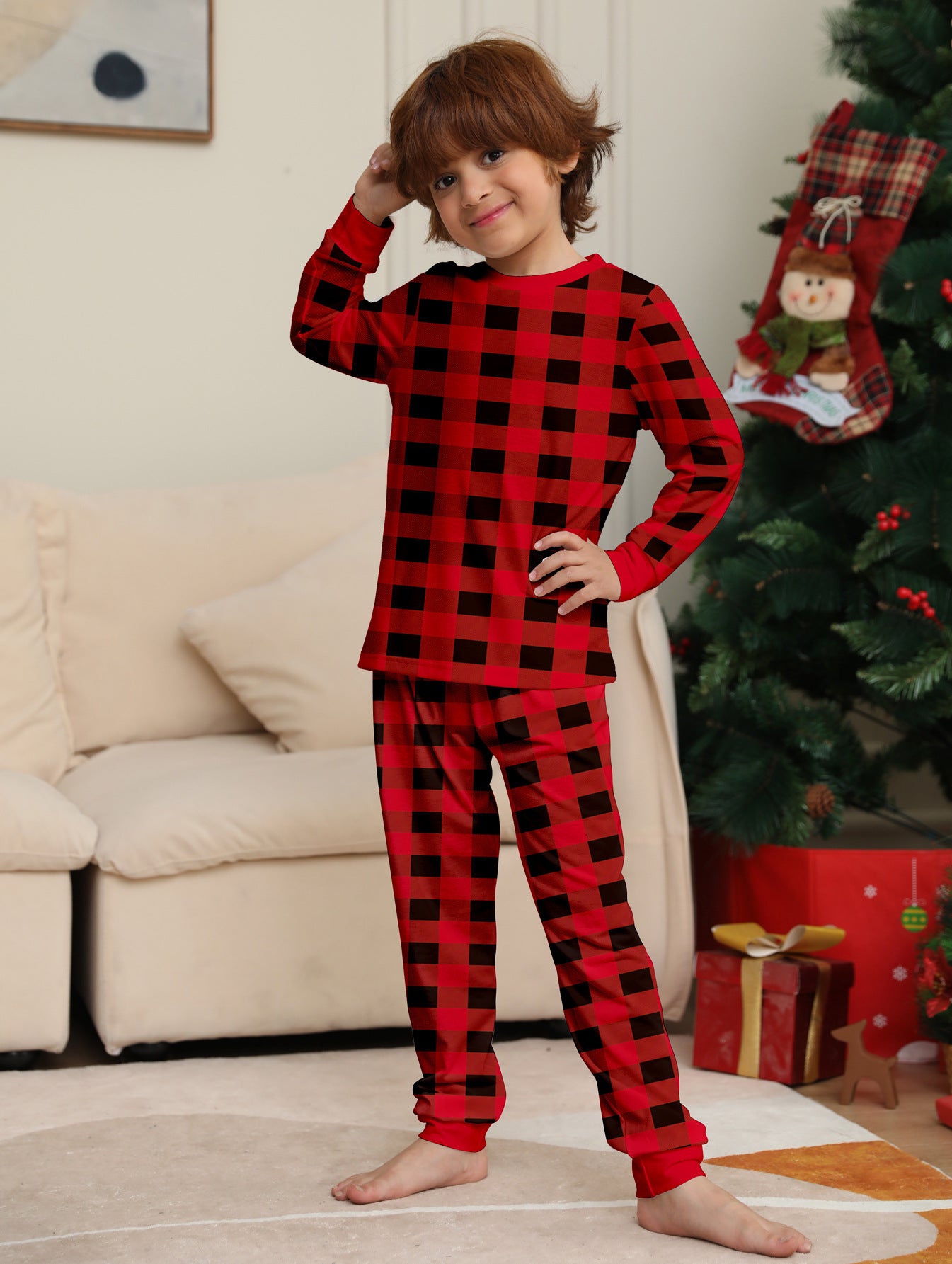 Red and Black Plaid Parent-child Printed Christmas Pajama Set