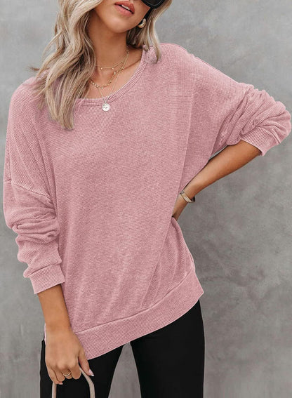 Waffle Split Hem Sweatshirt Women Casual Long Sleeve Top