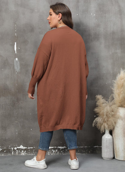 Women's Loose Medium and Long Double Pocket Lantern Sleeve Sweater Cardigan Jacket