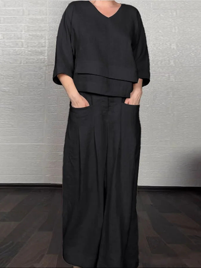 Plus Size Asymmetric Solid Matching Set Wide Leg Pants