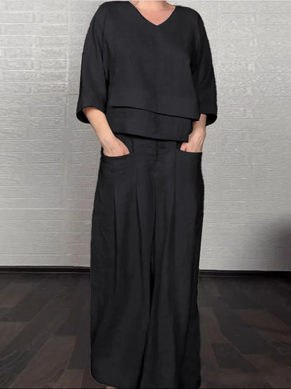 Plus Size Asymmetric Solid Matching Set Wide Leg Pants
