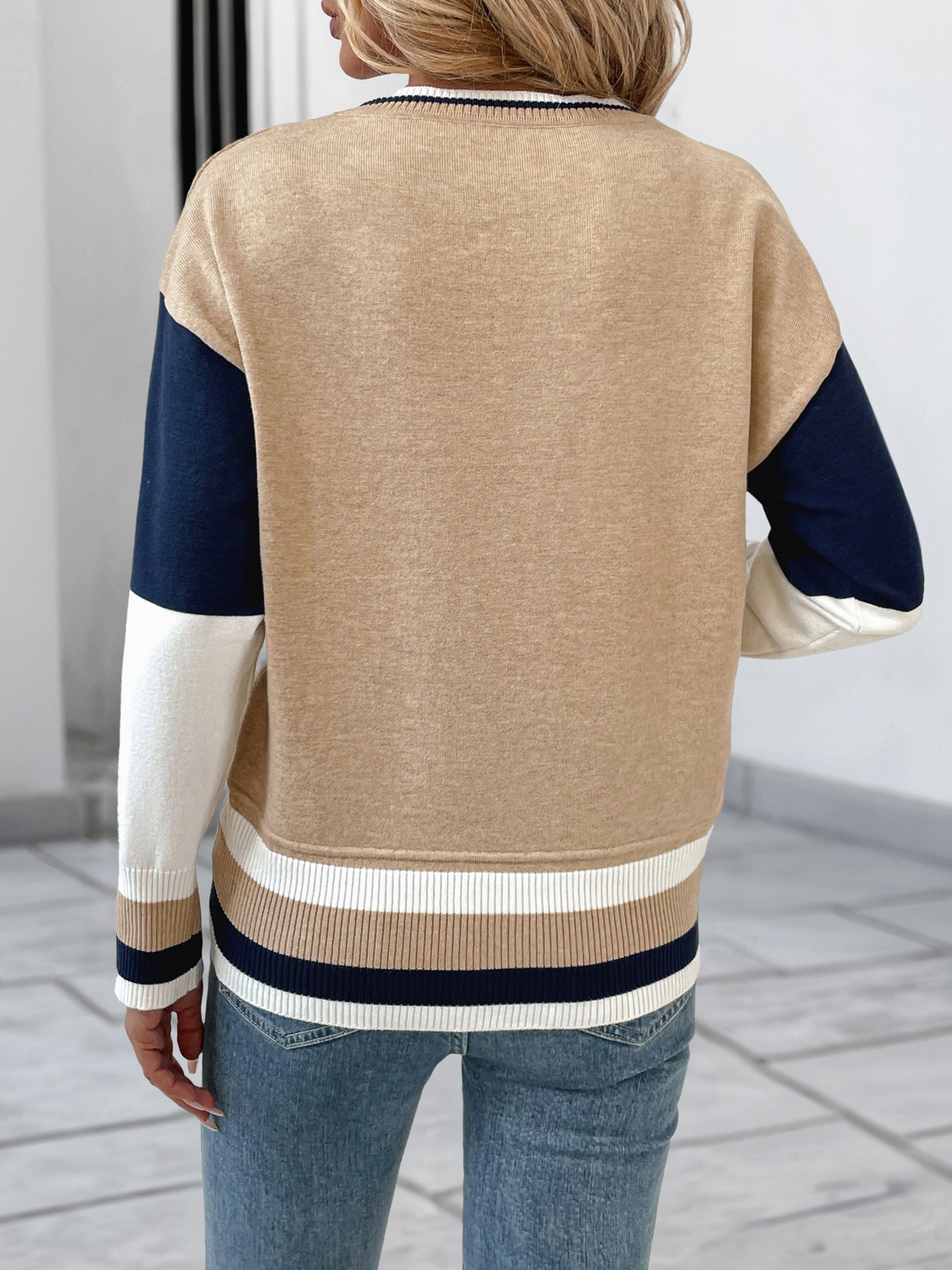 Color Block Patchwork Crew Neck Long Sleeve Knit Top