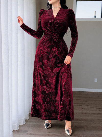 Floral Velvet Maxi Dress V Neck Twist Waist Evening Gown