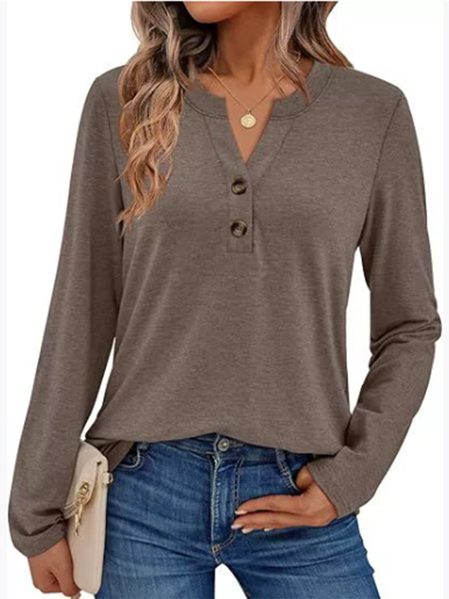Women's Long Sleeve V Neck Henley Top Casual Blouse