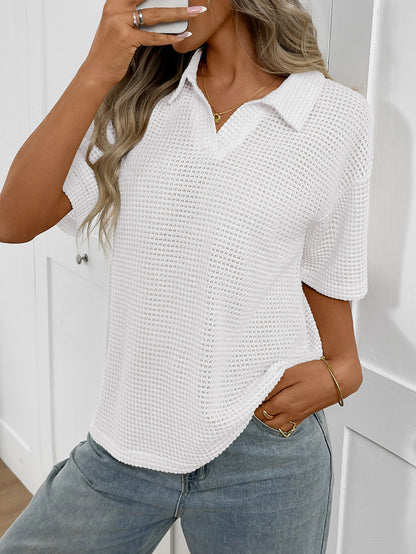 Striped Knit Polo Sweater Tee Relaxed Short Sleeve Top