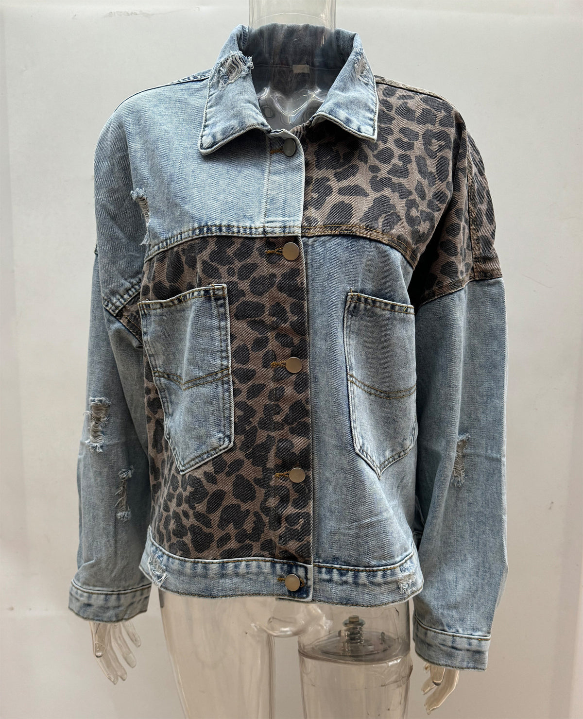 Women's Leopard Patchwork Denim Jacket Button Up Casual