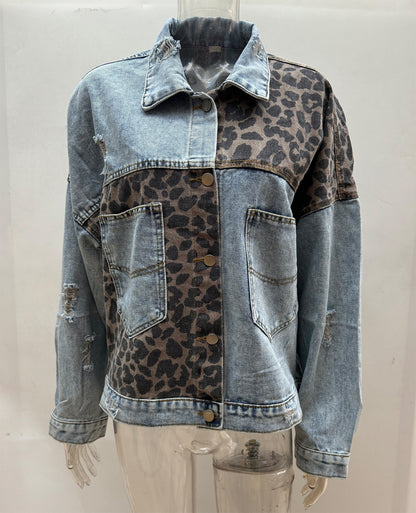 Women's Leopard Patchwork Denim Jacket Button Up Casual