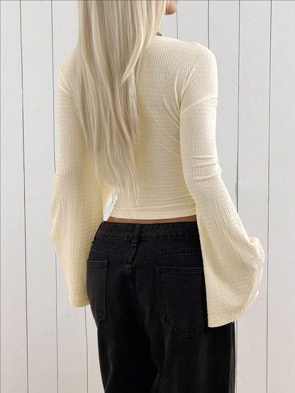 Sexy Deep V-Neck Bell Sleeve Textured Crop Top