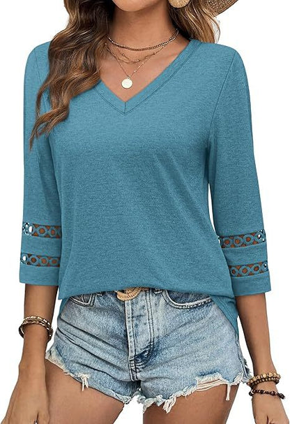 White V-Neck Lace Sleeve Casual Knit Top for Women