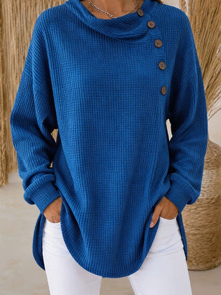 Women's Waffle Knit Cowl Neck Button Pullover Sweater