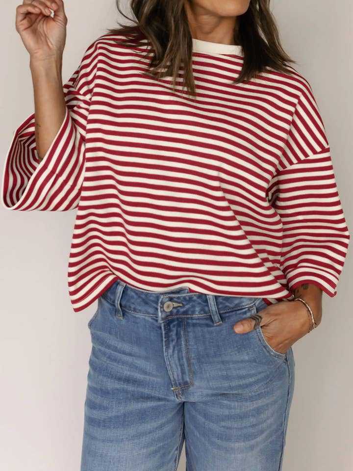 Blue Striped Knit Back Bow Open Back Top Women