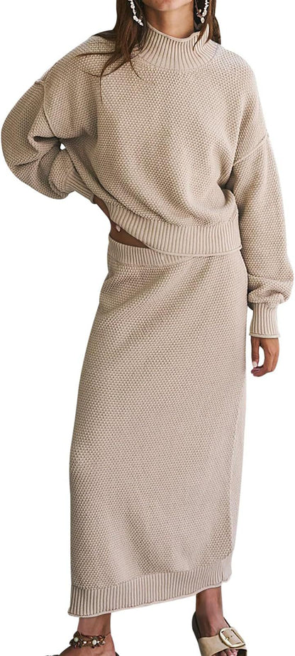 Women's Knit Two Piece Set Mock Neck Sweater Midi Skirt