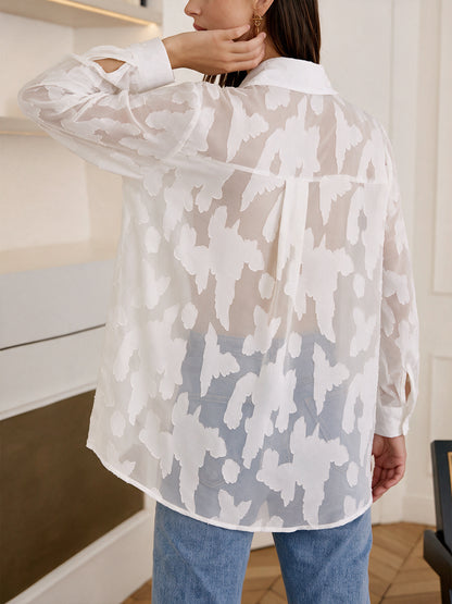 Women's Oversized Sheer Jacquard Button Up Blouse