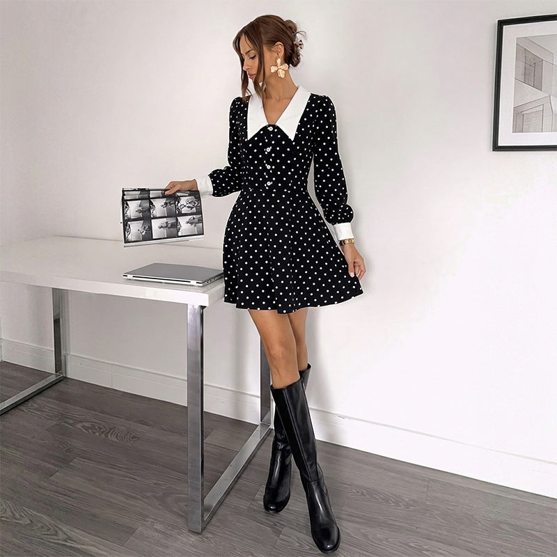 Polka Dot Contrast Collar Long Sleeve Mini Dress