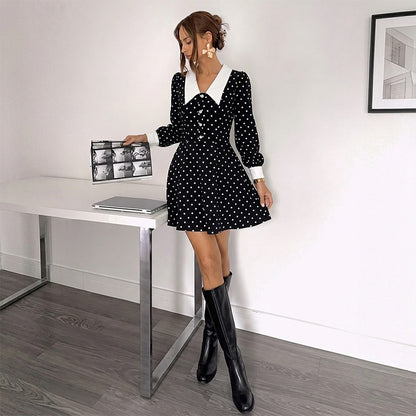 Polka Dot Contrast Collar Long Sleeve Mini Dress