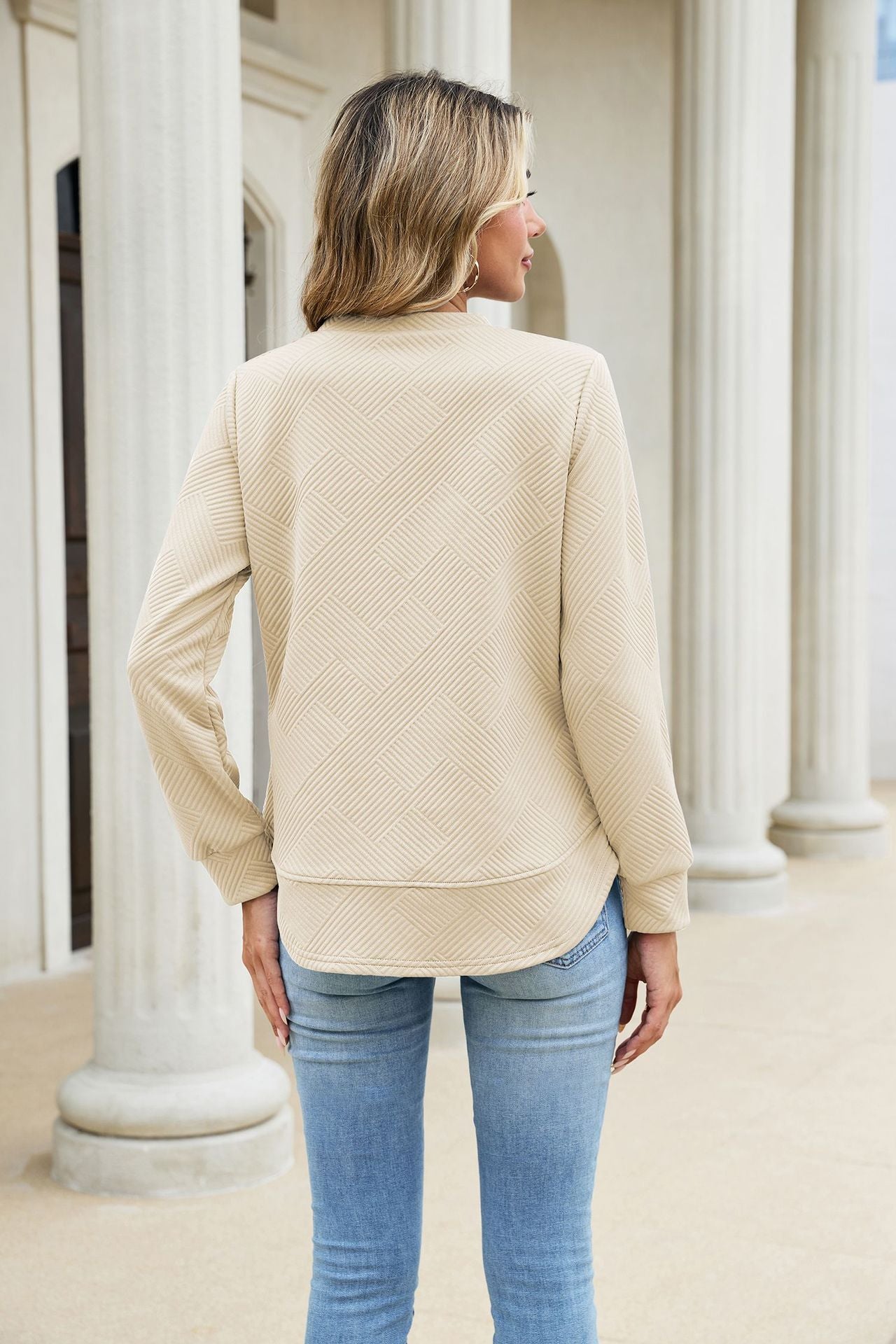 Quilted Textured Sweatshirt Crew Neck Loose Top