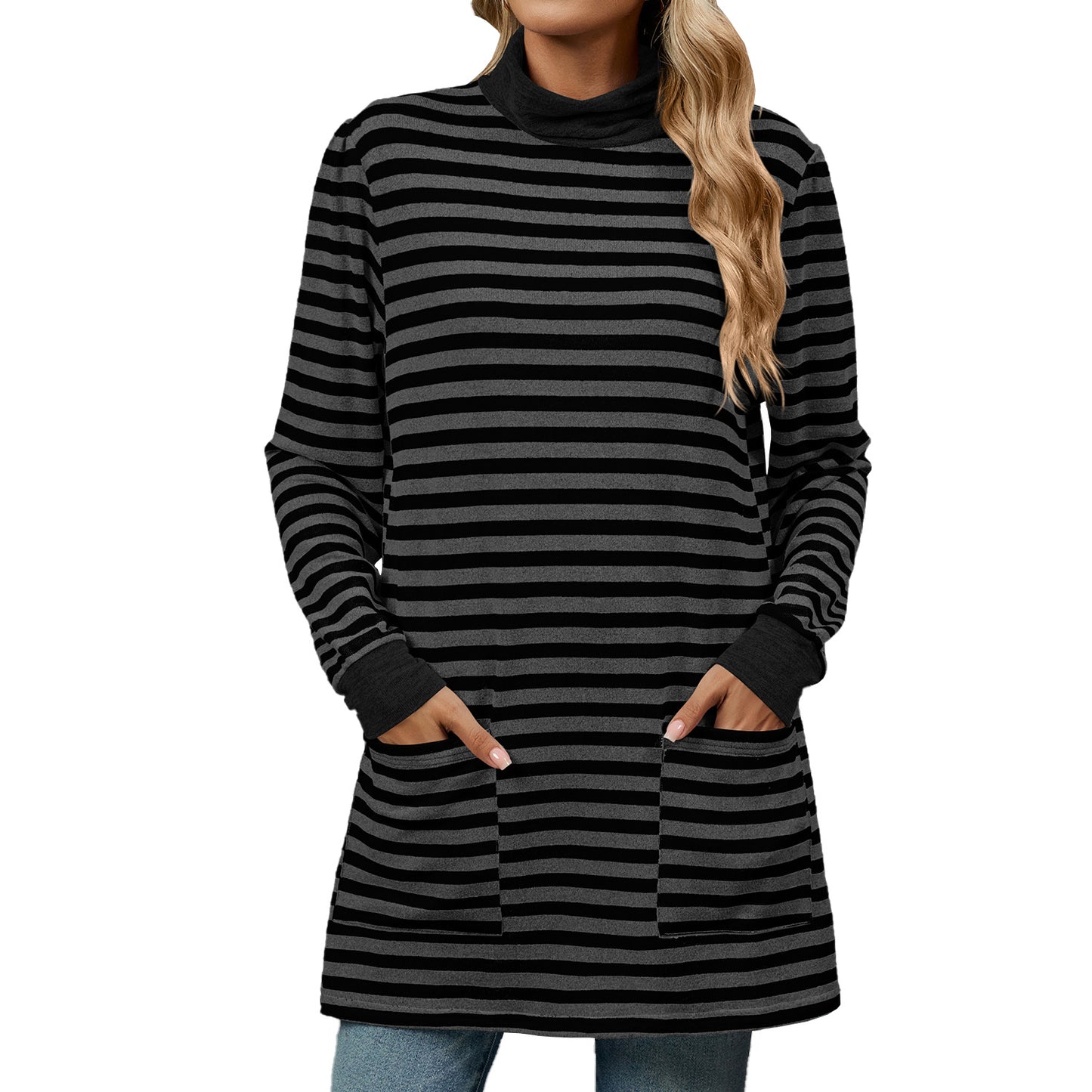 Oversized Striped Turtleneck Tunic Long Sleeve with Pockets