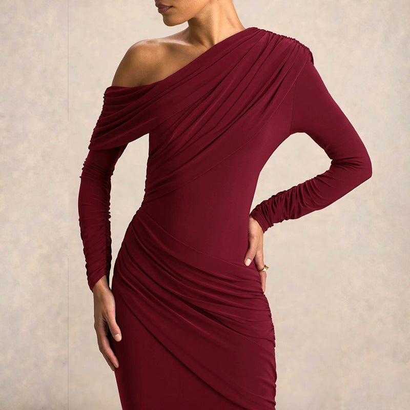 One Shoulder Ruched Bodycon Maxi Dress Long Sleeve