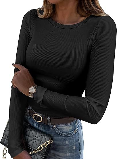 Women's Stretch Ribbed Long Sleeve Crew Neck Fitted Top