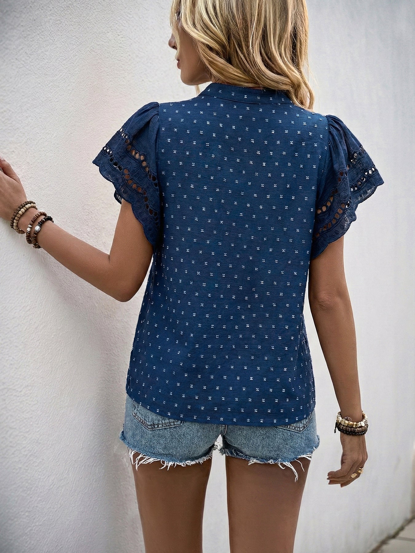 Women's Eyelet Ruffle Sleeve V-Neck Fitted Button Blouse