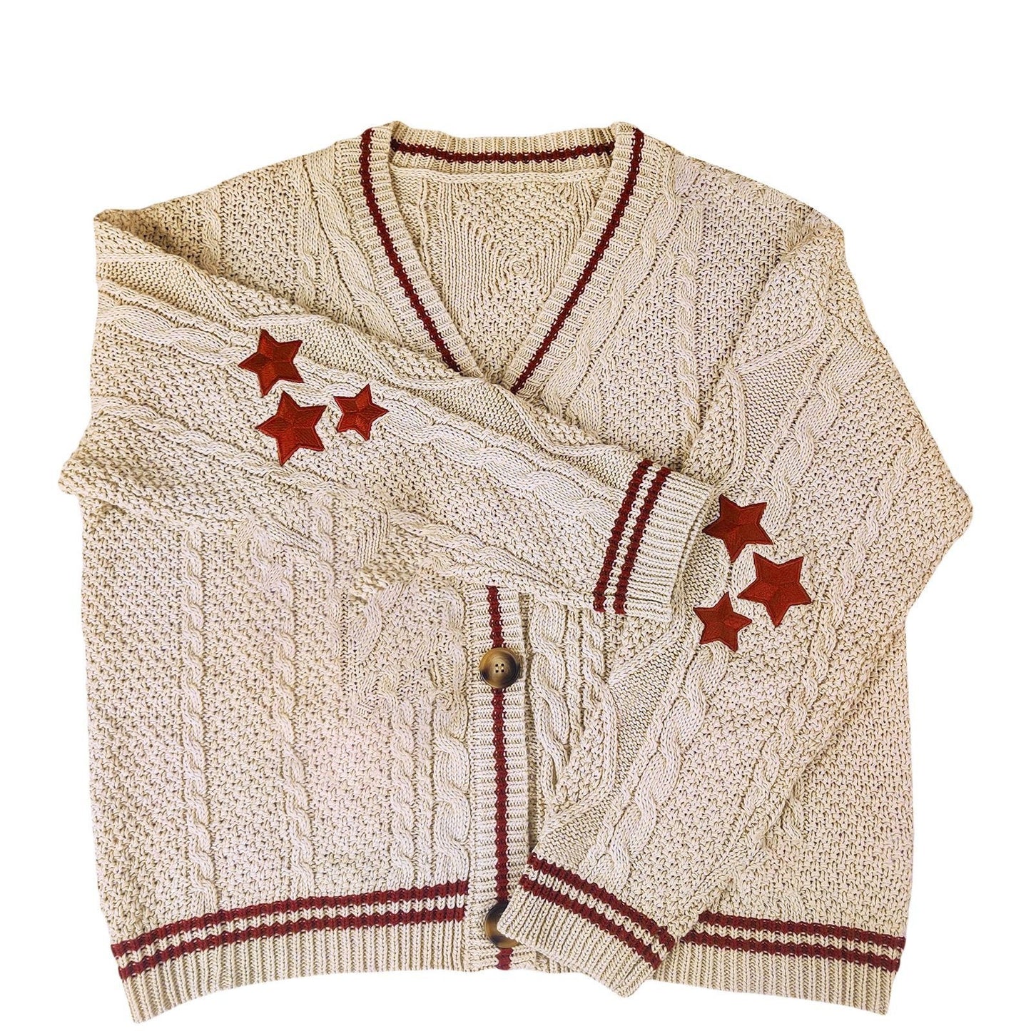 Women's Oversized Star Embroidered V-Neck Cardigan Sweater