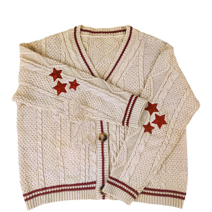 Women's Oversized Star Embroidered V-Neck Cardigan Sweater