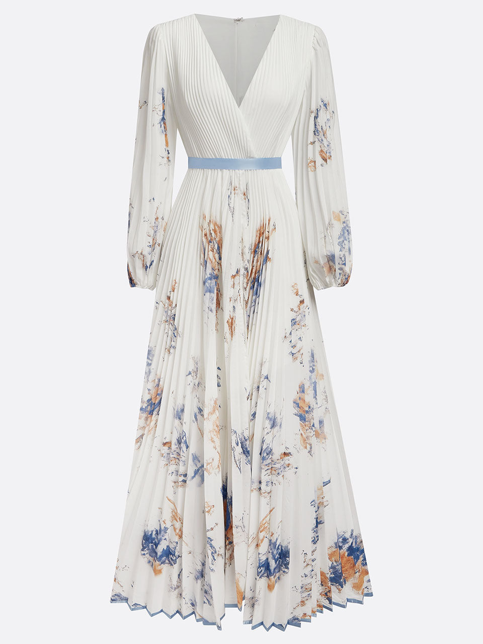 Floral Pleated V-Neck Long Sleeve Maxi Dress
