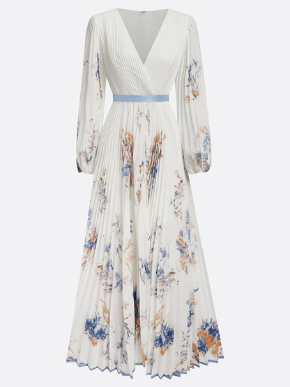 Floral Pleated V-Neck Long Sleeve Maxi Dress
