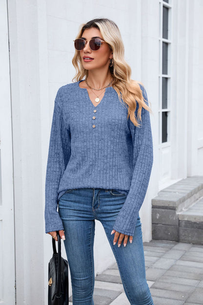 Women's Waffle Knit V Neck Button Long Sleeve Oversized Top