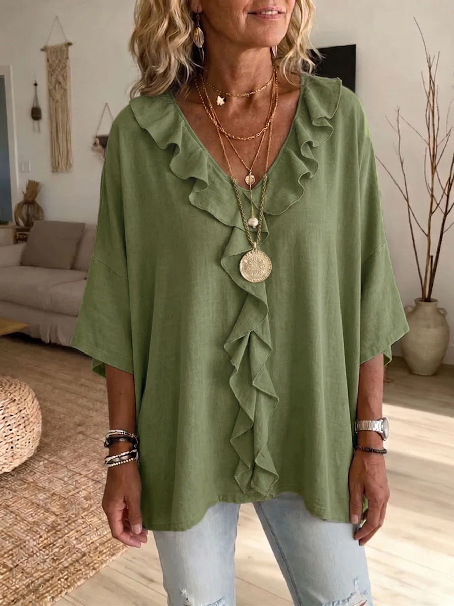 Women's Ruffle V Neck 3/4 Sleeve Casual Blouse Top
