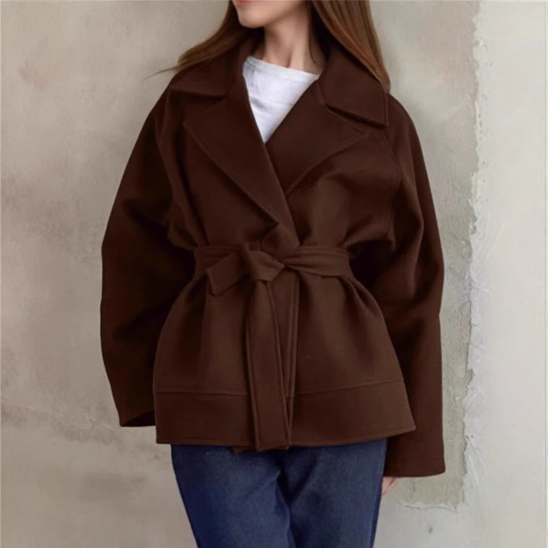 Women's Belted Wool Blend Lapel Mid-Length Coat