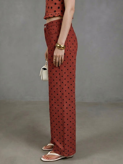 Women's Polka Dot High Waist Wide Leg Washed Denim Jeans