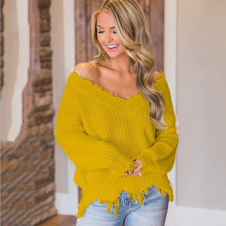 Oversized Deep V Neck Distressed Sweater Frayed Hem