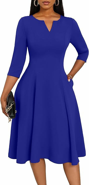 Women's 3/4 Sleeve V-Neck A-Line Midi Dress Wedding Guest