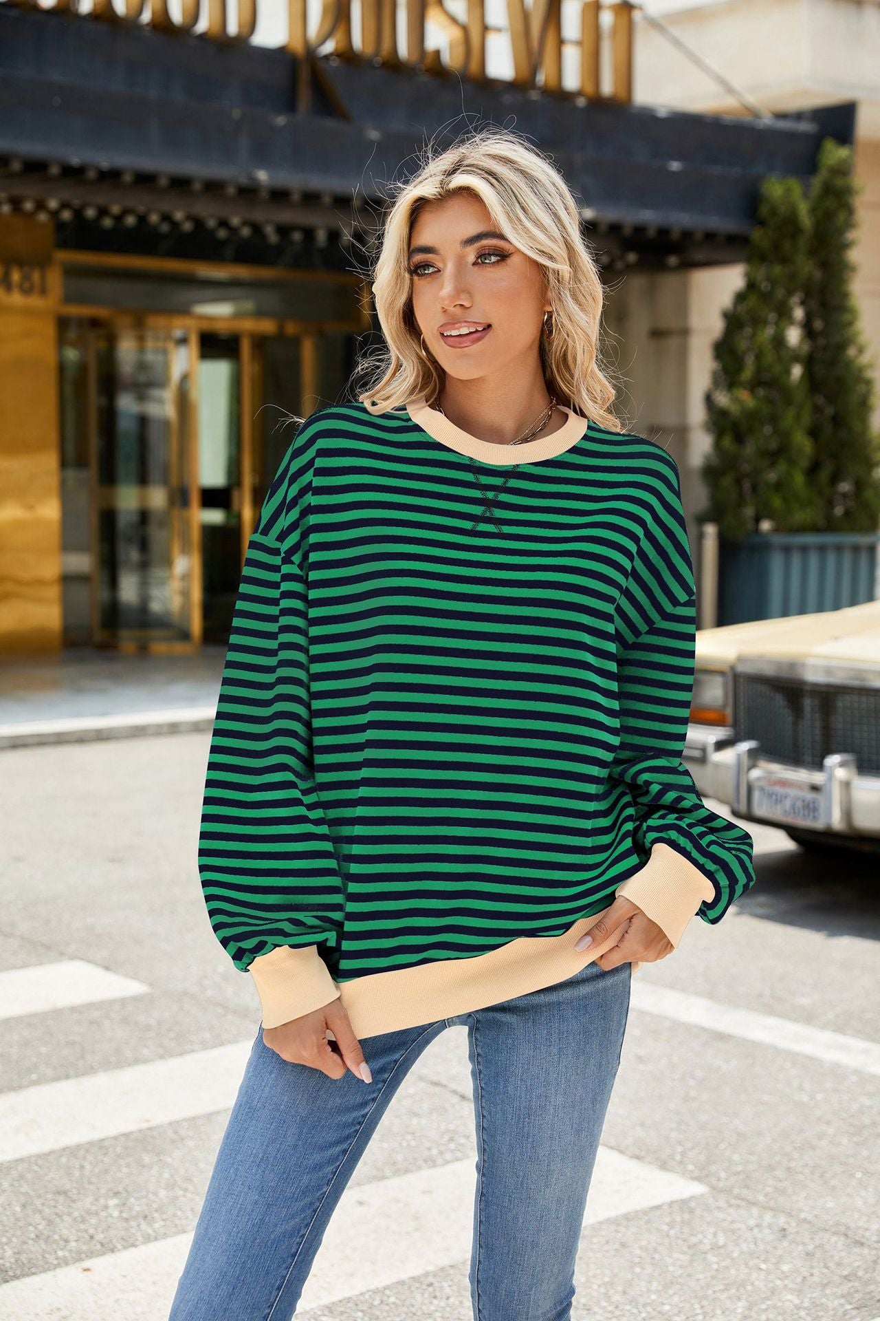 Striped Color Block Crew Neck Loose Fit Long Sleeve Sweatshirt