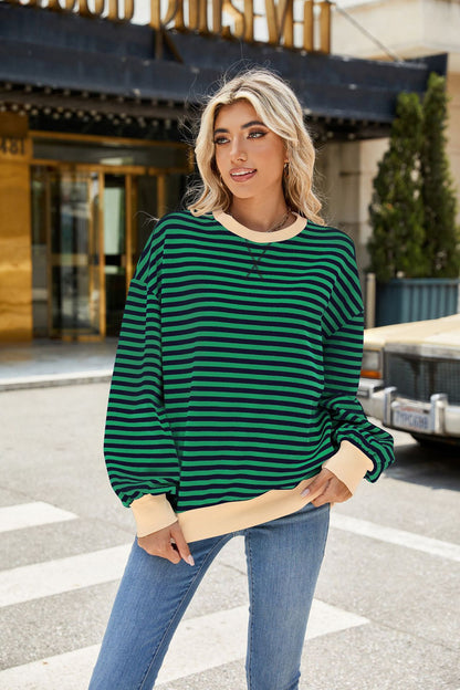 Striped Color Block Crew Neck Loose Fit Long Sleeve Sweatshirt