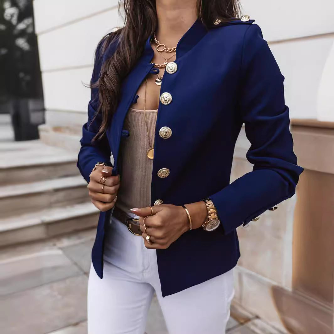 Women's Fitted Cropped Blazer Gold Button Long Sleeve