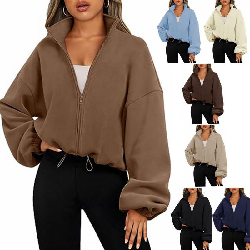 Womens Oversized Fleece Zip Up Jacket Stand Collar Cropped