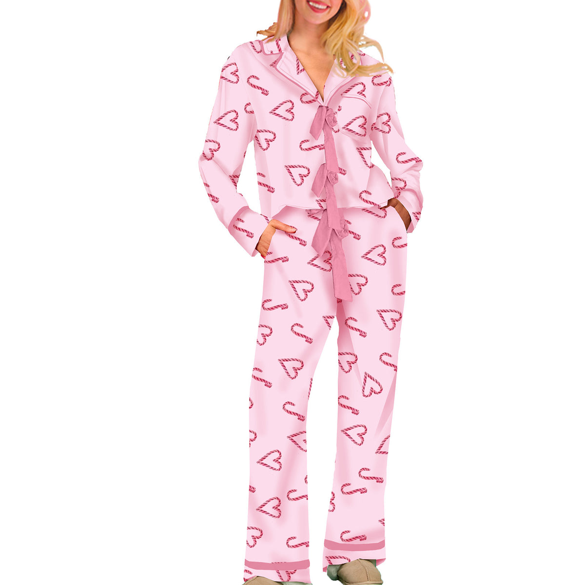 Women's Striped Bow Pajama Set Cotton Long Sleeve Pants