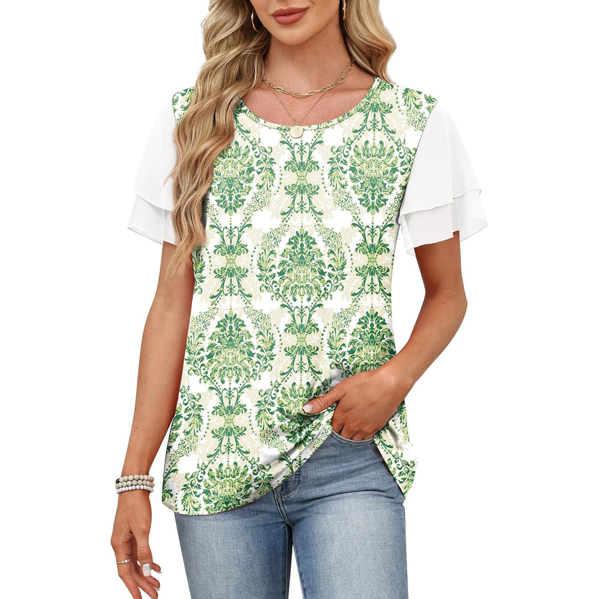 Women's Paisley Color Block Layered Sleeve Casual T-Shirt