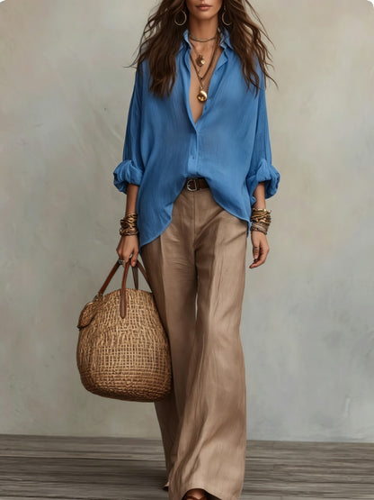 Womens Relaxed Button Down Shirt Wide Leg Pants Set