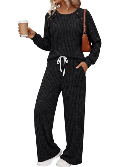 Womens Ribbed Knit 2 Piece Set Button Top Wide Leg Pants
