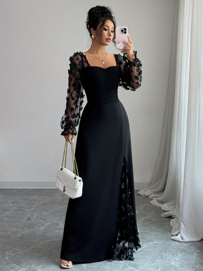 Floral Mesh Puff Sleeve Square Neck Maxi Dress